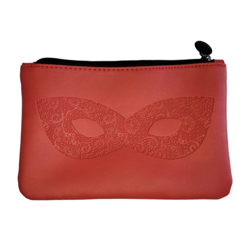 Ipsy Red Faux Leather Cosmetic Bag / Clutch With Cat Eye Mask Imprint NWOT